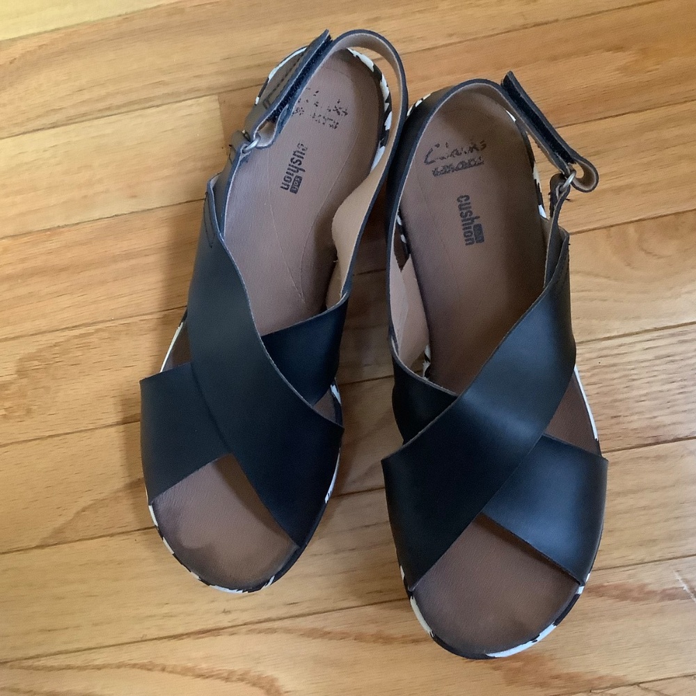Clarks Collection Leather Wedge Sandals - Stasha Hale Black White SZ 9 - Picture 3 of 14